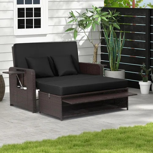 Vista 13 de LDAILY Moccha - Sofá cama para exteriores, sofá biplaza de mimbre con respaldo ajustable de 4 posiciones, otomana de almacenamiento, cojines Beige