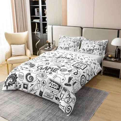 Vista 3 de Funda de edredón reversible de 100% algodón para videojuegos, tamaño individual, juego de ropa de cama de dibujos animados de gamepad para niños