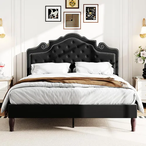 Vista 3 de WEEWAY Base de cama de plataforma de tamaño matrimonial con tiara ajustable de terciopelo, cabecero curvado y alta resistencia, botón tapizado