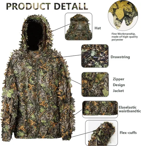Vista 3 de Traje Ghillie, traje de camuflaje frondoso 3D, ropa de camuflaje de caza, ropa de bosque para caza, Airsoft, fotografía de vida silvestre