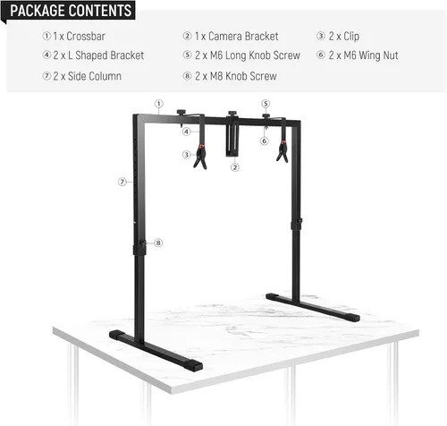 Vista 9 de NEEWER Soporte de cámara sobre mesa para tomas desde arriba, soporte de mesa resistente de acero para montaje de cámara, plataforma multidispositivo