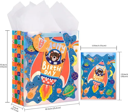 Vista 8 de LeZakaa Bolsa de regalo de cumpleaños de 13 pulgadas, bolsa de regalo mediana de papel de aluminio metálico con papel de seda, etiqueta de regalo