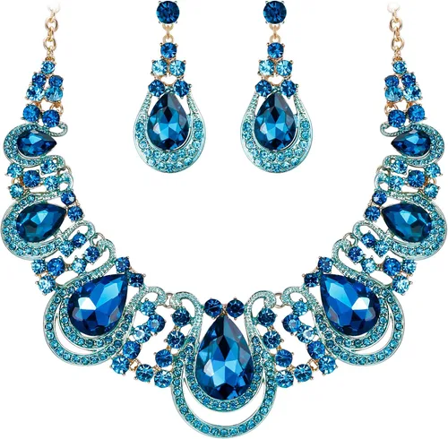 Vista 7 de Women's Costume Statement Necklace Dangle Earrings Set 05-Multicolor Tono Dorado