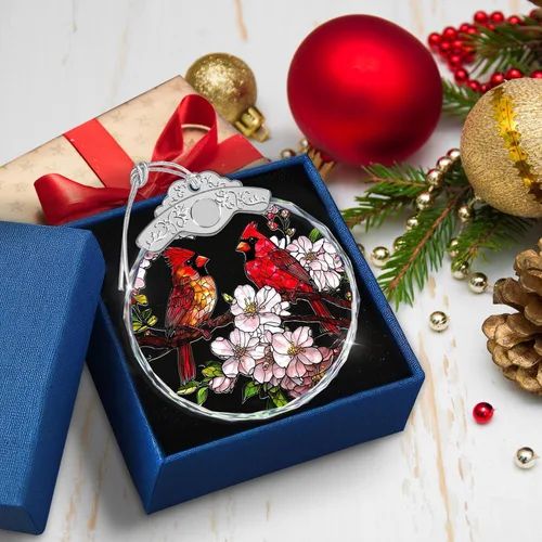 Vista 5 de Adornos de Navidad – Pájaros Cardenales y Flores Ornamento de Vidrio Emplomado – Decoración Navideña – Adornos para Árbol de Navidad – Regalos