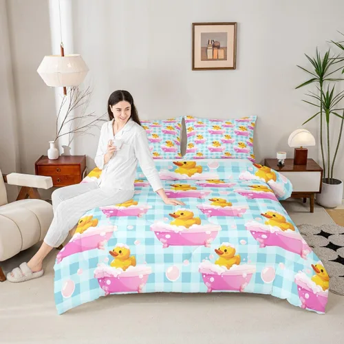 Vista 4 de Erosebridal Juego de ropa de cama a cuadros azul para niños, juego de cama individual con diseño de patos amarillos de dibujos animados, juego