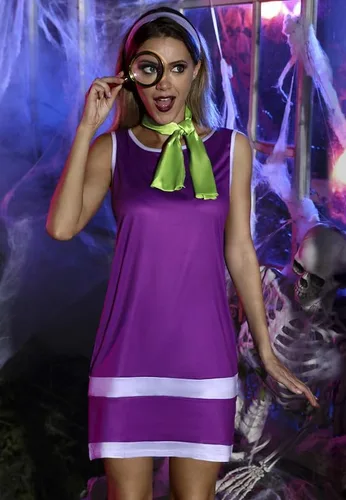 Vista 2 de Spadehill Disfraz de Halloween para mujer con bufanda sin mangas, vestido morado