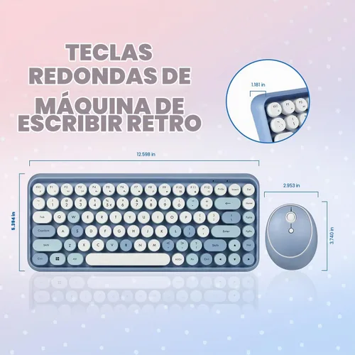 Vista 8 de Perixx PERIDUO-713BL Combo de Teclado y Ratón Inalámbrico Mini - Teclas Redondas Retro - Azul Pastel - Diseño de Teclado Inglés de EE. UU. (11909)