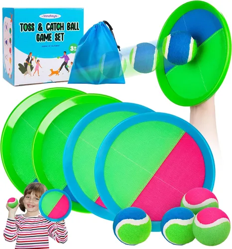 Vista 9 de Juego de pelota para lanzar y atrapar, 4 paletas y 4 bolas al aire libre, juego de captura de remo para niños, patio trasero, playa, piscina, patio