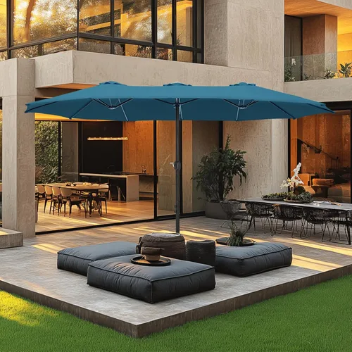 Vista 10 de MFSTUDIO Sombrilla de patio de 15 pies con base incluida, sombrilla rectangular grande de mercado de doble cara para exteriores con mango