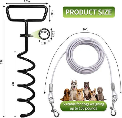 Vista 5 de Cable de amarre y estaca para perros de 20 pies, resistente para patio, correa de gancho con bloqueo, cable giratorio de 360° para perros medianos