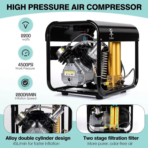 Vista 3 de TUXING Compresor de aire PCP de 4500 psi, filtro separador de agua y aceite de filtración de dos etapas, versión de parada automática, compresor
