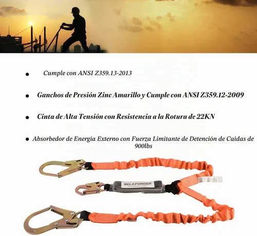 Vista 5 de Kit de arnés de seguridad de protección contra caídas industrial con anillos 3D con doble pierna de 6 pies, cordón elástico con amortiguador