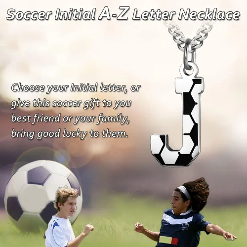 Vista 2 de AIAINAGI Collar de fútbol con letra A-Z para niños, dije de fútbol de acero inoxidable, cadena de plata de 22 pulgadas, regalo de fútbol