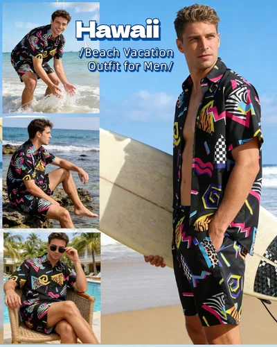 Vista 4 de kasahara Traje de los años 80 y 90 para hombre, camisa hawaiana retro y conjunto corto para hombre, ropa de los años 80, disfraz de los años 90