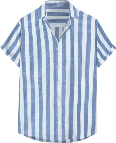 Vista 7 de JMIERR Camisa de vestir a rayas de algodón con botones y manga corta para hombre 1 raya azul cielo