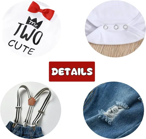 Vista 5 de Conjunto de ropa de cumpleaños para bebé niño pequeño, con tirantes, pantalones de mezclilla rasgados