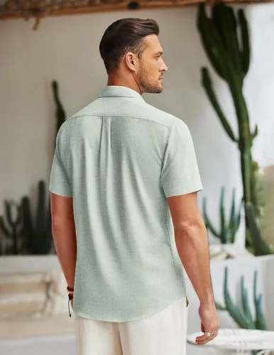 Vista 3 de COOFANDY Camisa de lino para hombre, para playa, verano, manga corta, abotonada, camisas casuales