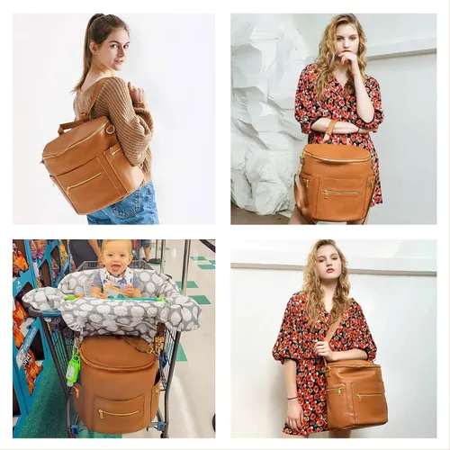Vista 2 de Bolsa de pañales, mochila de cuero para pañales de MF Store, mochila de pañales con funda para portátil, cambiador, bolsa de toallitas, correas