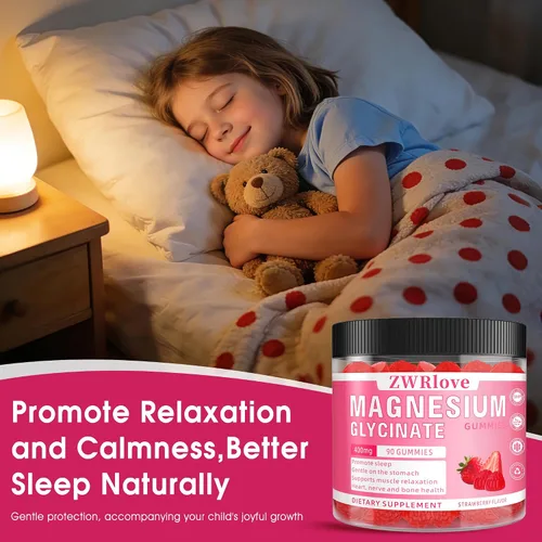 Vista 5 de Gomitas de glicinato de magnesio 400 mg con Ashwagandha, malato de magnesio y L-teanina para mujeres, hombres y niños adultos, suplementos complejos