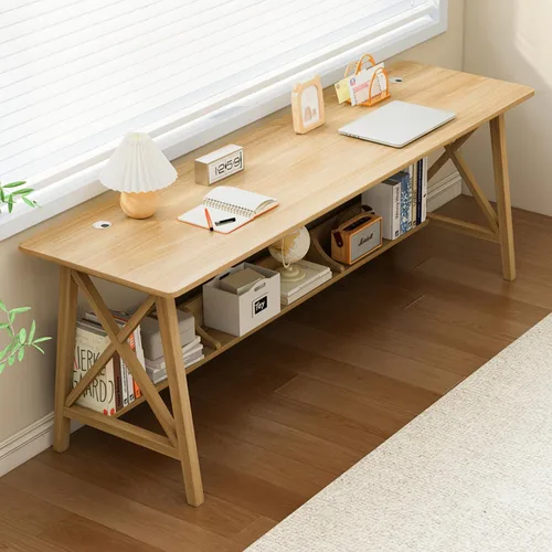 Vista 18 de NELYE Escritorio Extra Largo con Estantería - Mesa de Trabajo de Estudio de Oficina en Casa de Madera, Estación de Trabajo de Computadora de Roble