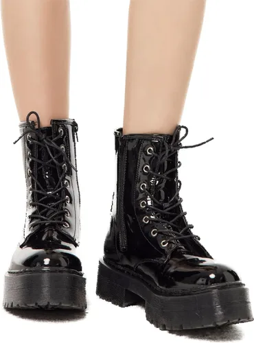 Vista 4 de KEIIYJ Botines gruesos de combate con cordones de plataforma para mujer en negro (KEY1)