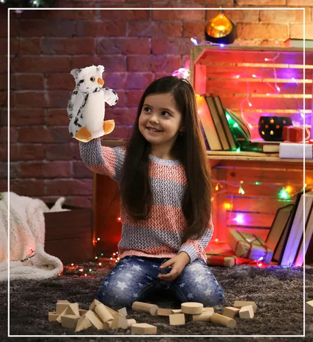 Vista 4 de DolliBu Marioneta de mano de peluche de búho blanco para niños, juguete de marioneta de peluche suave, juegos de espectáculos de marionetas