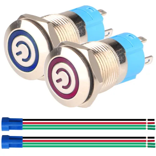Vista 9 de Gebildet Interruptor de botón de bloqueo automático de acero inoxidable de 0.47 pulgadas/0.472 in, 12 V-24 V, 3 A, símbolo de alimentación, LED Azul