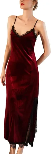 Vista 4 de Women Longer Velvet Lace Nightgowns Deep V Chemise Sexy Lingerie Nightdress Split Hem Sleeveless Cami Sleepwear