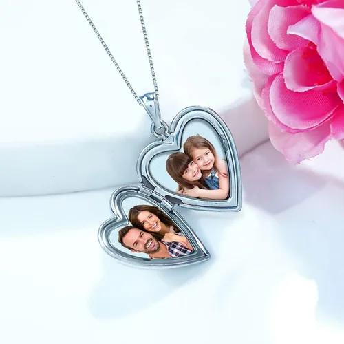 Vista 6 de Collar con medallón y frase en inglés Forever in My Heart para fotos en plata de ley y chapado en oro amarillo, 34 pulgadas x 34 pulgadas, incluye