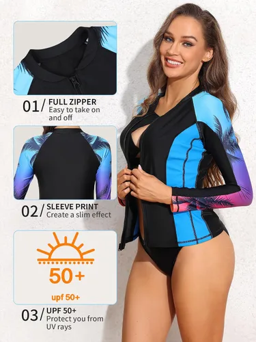 Vista 5 de ATTRACO Rashguard o Camiseta de surf para mujer con cremallera frontal, protección solar UPF 50+