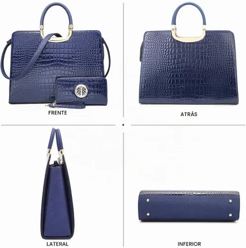 Vista 4 de Bolso de mano para mujer con asa superior, bolso de hombro, bolso tipo tote, cartera con billetera a juego 2-azul cocodrilo
