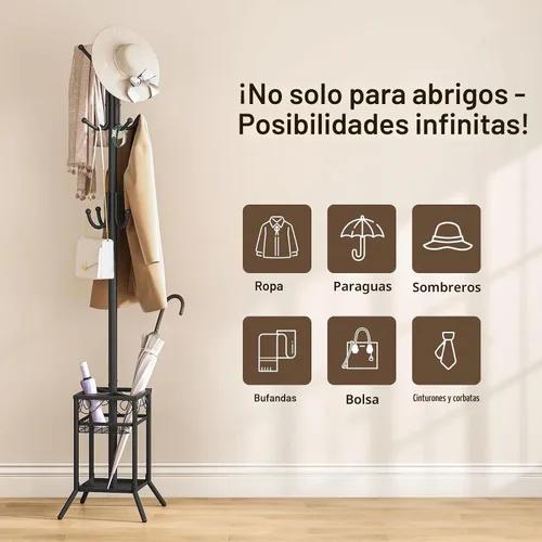 Vista 9 de ELYKEN Perchero Independiente, Perchero de Metal con Soporte para Paraguas, Árbol de Abrigos Moderno con 12 Ganchos, Perchero de Pie de Esquina