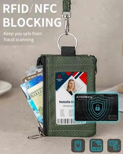 Vista 6 de Artpaxy Cartera minimalista para hombres y mujeres, llavero con bloqueo RFID, con cremallera, pequeña cartera con ventana de identificación, 2