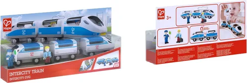 Vista 6 de Hape E3728 - Juguete de tren interurbano, juego de juguetes de tren para niños con accesorios, 3 carros magnéticos de apertura/cerrar, figuras