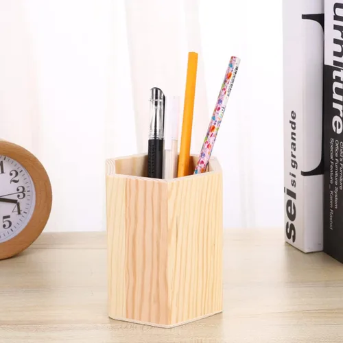 Vista 9 de Contenedor de almacenamiento de madera para bolígrafos y cepillos, organizador de tubo hexagonal, maceta sólida para oficina en casa para pintura