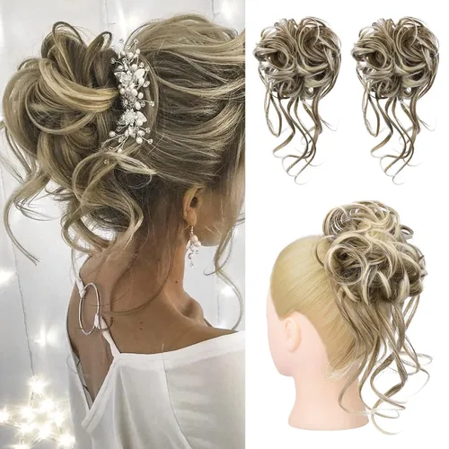 Vista 26 de HOOJIH 2 piezas de extensiones de cabello estilo moño despeinado, extensiones de cabello rizado y ondulado con tiras, cola de caballo, horquillas