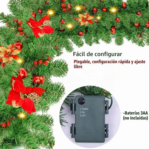 Vista 4 de Guirnalda de Navidad, guirnalda de Navidad con luces, funciona con pilas, 9 pies, de ratán, flores artificiales y vid artificiales de Navidad