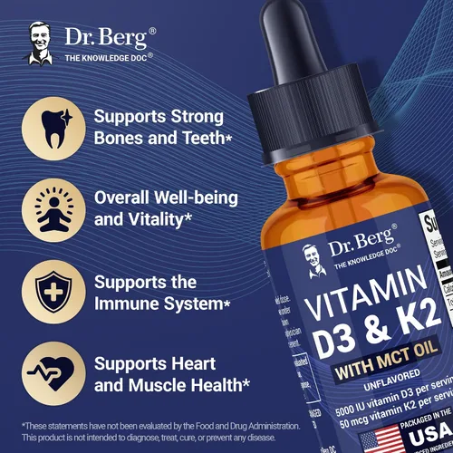Vista 2 de Dr. Berg - Gotas líquidas de vitamina D3 K2 de máxima potencia con aceite MCT – 5,000 UI de vitamina D3 líquida con K2 – Apoya huesos fuertes