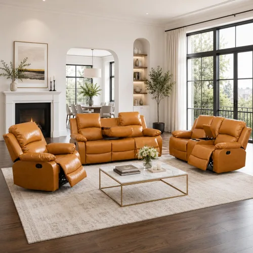 Vista 16 de Juego de sofá reclinable manual de 3 piezas, juego de muebles de sala de estar de tela beige con sofá reclinable de 3 asientos, sofá biplaza