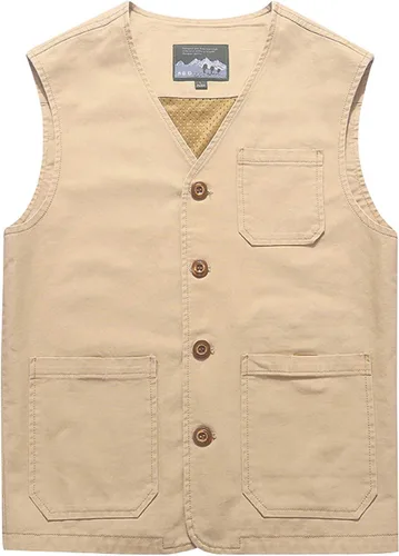 Vista 7 de Gihuo Chaleco de viaje para hombre, casual, con múltiples bolsillos, cuello en V, con botones, de algodón, chaleco de trabajo Verde militar