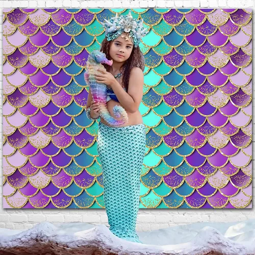 Vista 3 de Telón de fondo de sirena para decoración de cumpleaños infantiles, telón de fondo de fiesta de cumpleaños de sirena, fondo de fotografía de escamas
