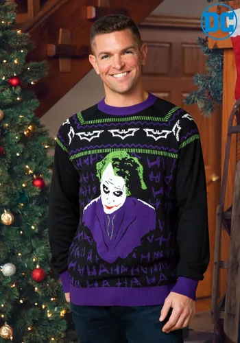 Vista 9 de Fun Costumes Batman The Dark Knight Joker Ugly Christmas Sweater for Adults, Superhero Villain Pullover Sweatshirt