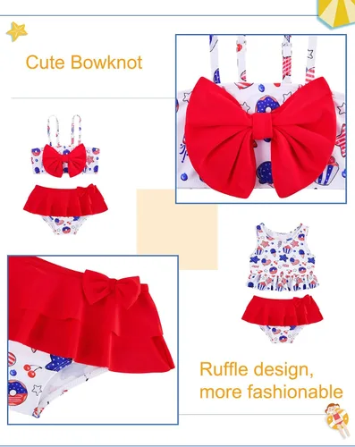 Vista 5 de Ahegao 6M-3T - Trajes de baño para niñas pequeñas, trajes de baño de 3 piezas, bikini, 4 de julio rojo