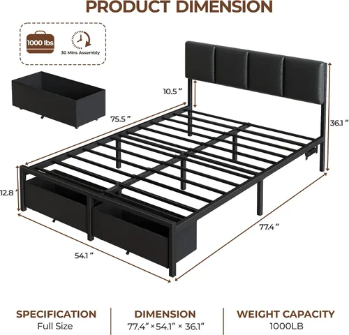 Vista 2 de Furnulem Base de cama de tamaño matrimonial con estación de carga y luces LED, cabecera tapizada de piel sintética, cama de plataforma de metal