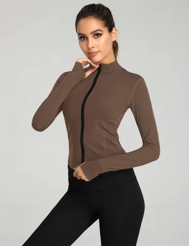 Vista 4 de Gacaky Chaqueta atlética para mujer, ligera, con cremallera completa, para yoga, recortada, para entrenamiento, ajustada, con agujeros para el pulgar