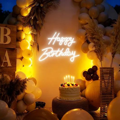 Vista 7 de Letrero de neón de feliz cumpleaños, luz de neón blanca de cumpleaños de 16.5 x 9.8 pulgadas para decoración de pared, alimentada por USB