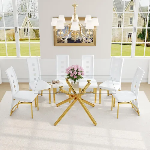 Vista 39 de Juego de mesa de comedor moderna para mesa de comedor negra de 4,63 pulgadas, juego de 4 con patas de metal dorado, mesa de cocina rectangular