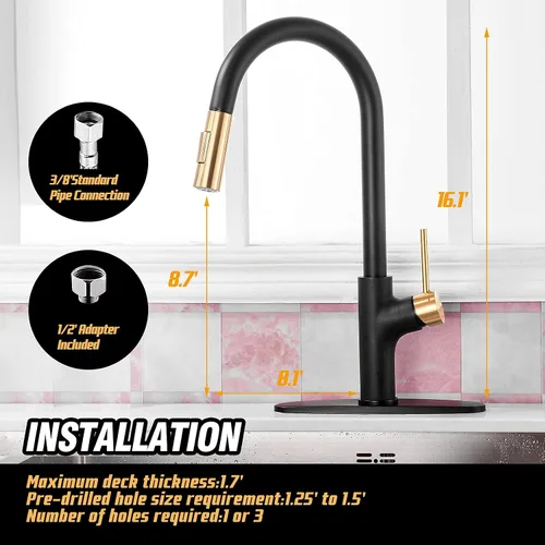 Vista 5 de Achelous Grifo de cocina negro y dorado con rociador magnético extraíble, grifos de fregadero de cocina de acero inoxidable extraíbles rv, de una