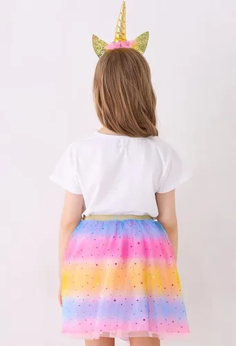 Vista 3 de Doctor Unicorn Conjunto de cumpleaños para niñas, vestido con falda de tutú, camiseta de unicornio, diadema y banda de satén