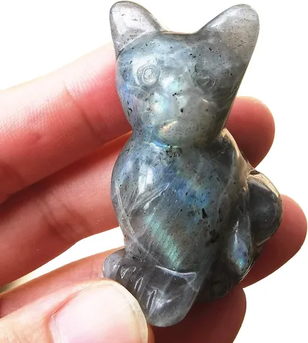 Vista 14 de 2 piezas de cristales de labradorita negra natural y piedras curativas, figuras de gato de la suerte talladas en bolsillo, coleccionables de 1.5